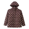 Women's loose dark brown quilted hooded parka with yellow floral print pattern - S / Dark Brown