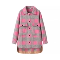 Giacca a camicia oversize da donna a quadri rosa e grigi con tasche e orlo arrotondato - S / Rosa Grigio
