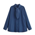 Geruit damesshirt met lange mouwen in donkerblauw en oranje met strikkraag en knoopsluiting - XS / Blauw Geruit