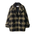 Vintage green and black plaid wool blend coat with large lapels and button closure - XS / Yellow Black Plaid