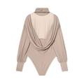 Eleganter beige hochgeschlossener Body mit tiefem V-Rücken-Drape und langen Ärmeln - XS / Nude