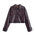 Cropped donkerbruin jack van imitatieleer met krokodillenprint, revers en borstzakken - XS / Tops / Donker Wijnrood