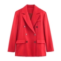 Klassieke rode double-breasted blazer voor dames met reverskraag en zwarte contrastknopen - XS / Rode Top