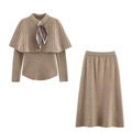 Women's autumn camel knit set with sweater, scarf, and A-line midi skirt on white background - S / Top And Bottom / Khaki
