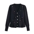 Gilet noir pour femme avec col en V, boutons perlés et garniture en plumes - S / Noir