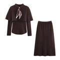 Three-piece dark brown knit set featuring a capelet, polka dot scarf, and midi skirt - S / Top And Bottom / Dark Brown