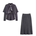 Women's dark gray two-piece knit set with shawl collar and midi skirt in ribbed fabric - S / Top And Bottom / Dark Gray