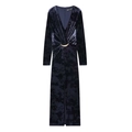 Elegante marineblauwe fluwelen midi-jurk met V-hals en decoratieve gouden gesp in de taille - S / Marineblauw