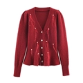 Gilet en maille rouge foncé avec boutons perles, col en V, manches bouffantes et plumes - S / Rouge