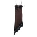 Dunkelbraunes Satin-Unterkleid mit schwarzer Wimpernspitze und asymmetrischem Saum - XS / Kaffeebraun