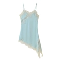 Pale blue silk slip dress with lace trim and asymmetrical hemline on white background - Light Blue