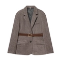 Brauner Fischgräten-Blazer mit feinem Taillengürtel und klassischem Einreiher-Knopf-Design - XS / Braun