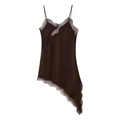 Chocolate brown satin slip dress with eyelash lace trim and asymmetric hemline - Dark Brown