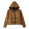 Giacca marrone con cappuccio in finta pelle scamosciata e fodera in caldo shearling - S / Cuoio