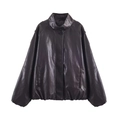 Giacca retrò da donna in ecopelle marrone scuro con collo alto e vestibilità ampia - XS / Marrone