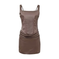 Elegant brown satin square neck mini dress with corseted bodice and ruched detailing - S / Coffee