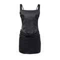 Elegant black satin square neck bodycon dress with corset boning and draped details - S / Black