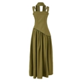Elegantes olivgrünes ärmelloses Neckholder-Maxikleid mit asymmetrischer Falten-Taille - S / Olivgrün