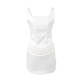 Elegant white satin dress with square neck, corset waist, and draped pleated details - S / White