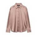 Elegant dusty pink satin long sleeve shirt with classic lapel and silky glossy finish - XS / Tan