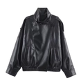 Veste de moto classique en cuir noir avec texture litchi et col montant élégant - XS / Noir