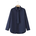 Navy blue cotton poplin long sleeve shirt with matching tie and curved hem for women - XS / Dark Blue