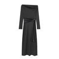 Elegantes schulterfreies schwarzes Langarmkleid mit Taillenfalten und drapierten Bändern - XS / Schwarz