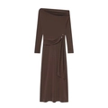 Elegantes schulterfreies Langarm-Maxikleid in Dunkelbraun mit goldener Zierknopf-Detail - XS / Kaffeebraun