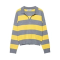 Polo en maille rayée jaune et gris pour femme avec manches longues au style rétro - S / Jaune et Gris
