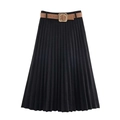 Eleganter schwarzer Plissee-Midirock mit braunem Ledergürtel und goldener Metallschnalle - XS / Schwarz