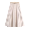Detail of elegant beige pleated midi skirt with matching belt and golden metal buckle - Sand