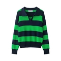 Détail du polo en tricot à rayures bleu marine et vertes avec manches longues et bords-côtes - S / Marine et Vert