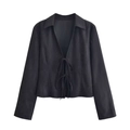 Vintage black velvet-textured long sleeve blazer with tie-front waist and lapel collar - XS / Black