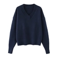 Maglione in maglia con scollo a V da donna in blu scuro con polsini a coste su bianco - S / Acqua