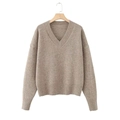 Maglione da donna con scollo a V e maniche lunghe in maglia kaki e bordi a coste - S / Cuoio