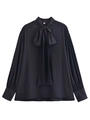 Detalle de blusa negra con cuello en V, lazo decorativo y mangas largas abullonadas - XS / Negro