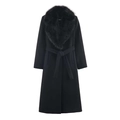Eleganter langer schwarzer Wollmantel für Damen mit Kunstpelzkragen und passendem Gürtel - XS / Schwarz