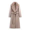 Damen Wollmantel in Camel mit großem Kunstpelzkragen und Taillengürtel in Überlänge - XS / Khaki