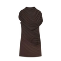 Detail of ruched sleeveless chocolate brown dress with elegant draped cowl neckline - XS / Coffee