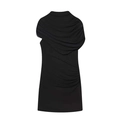 Detail of black sleeveless ruched dress featuring a draped cowl neck and layered ruffles - XS / Black