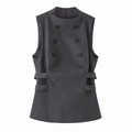 Modern dark grey double-breasted sleeveless blazer vest with waist cut-outs and a round neck - S / Gray