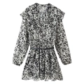 Schickes Minikleid mit abstraktem Schwarz-Weiß-Druck, Rüschen-V-Ausschnitt und Gürtel - XS / Bedruckt