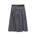 Vintage-Midi-Karo-Rock in Dunkelblau mit weiß-gelben Streifen und Ledergürtel - XS / Marineblau