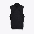 Women black high collar sleeveless knit vest with side bow tie design and split hem - S / Dark Gray