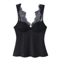 Detail of black V-neck camisole featuring intricate floral lace and supportive padded cups - S / Tops