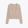 Cardigan en maille beige pour femme avec bordure délicate en dentelle fleurie au col - S / Kaki