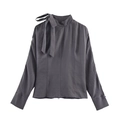Elegant dark grey long sleeve blouse with glossy finish and large bow tie collar - XS / Gray