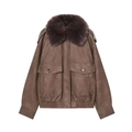 Dunkelbraune Wildlederjacke mit großem Kunstpelzkragen und Taschen im Utility-Stil für Winter - XS / Kaffeebraun