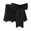 Detail of elegant black satin skirt with a large bow and delicate eyelash lace trim - S / Black