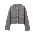 Giacca corta in tweed grigio da donna con eleganti bottoni dorati e scollo rotondo classico - XS / Grigio